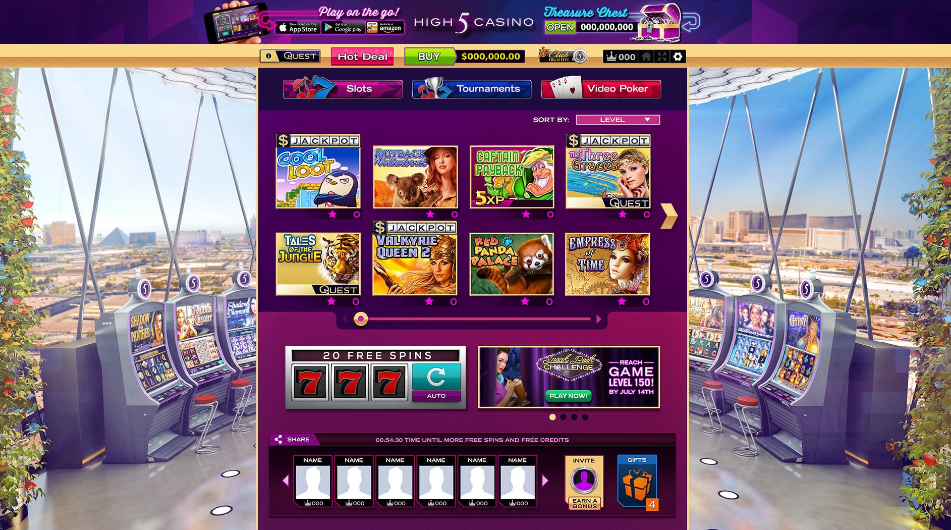 High 5 Casino app interface showing slot game tiles in a 3D rendered casino lobby.