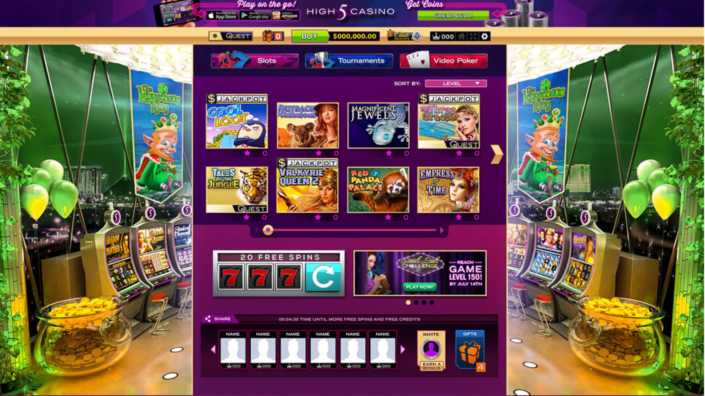 High 5 Casino app interface showing slot game selection tiles and bonus spins panel.