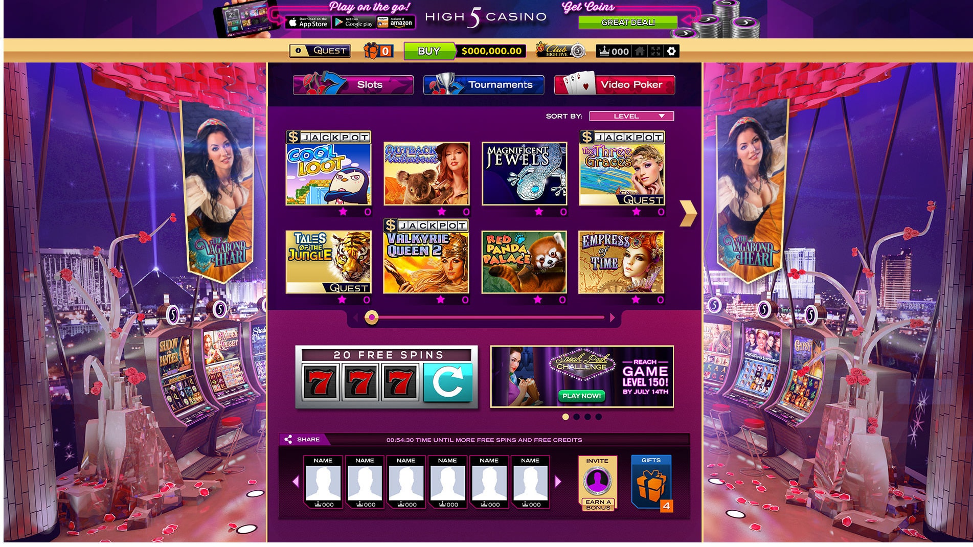 High 5 Casino app interface showing slot game selections in a purple, Vegas-themed lobby.