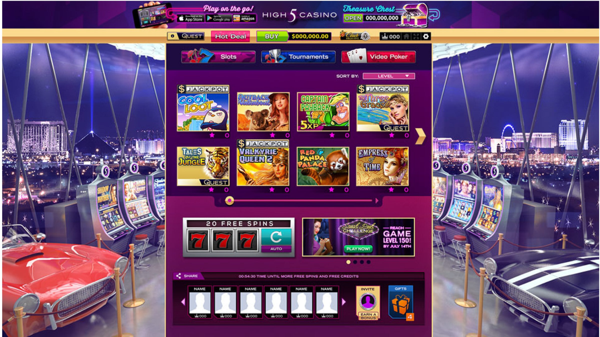 High 5 Casino slot game menu screen with a night city skyline and vintage cars.