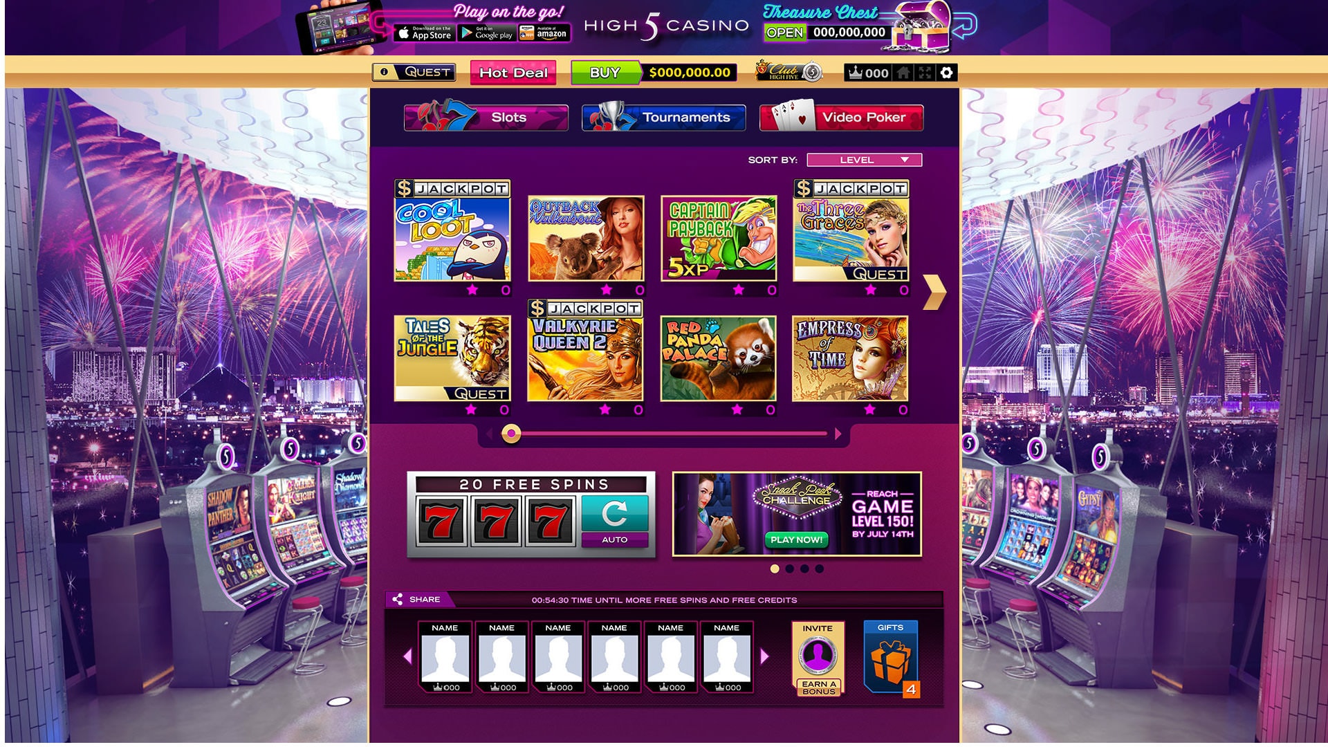 App interface design for High 5 Casino, showing slot game selection over a Vegas skyline.