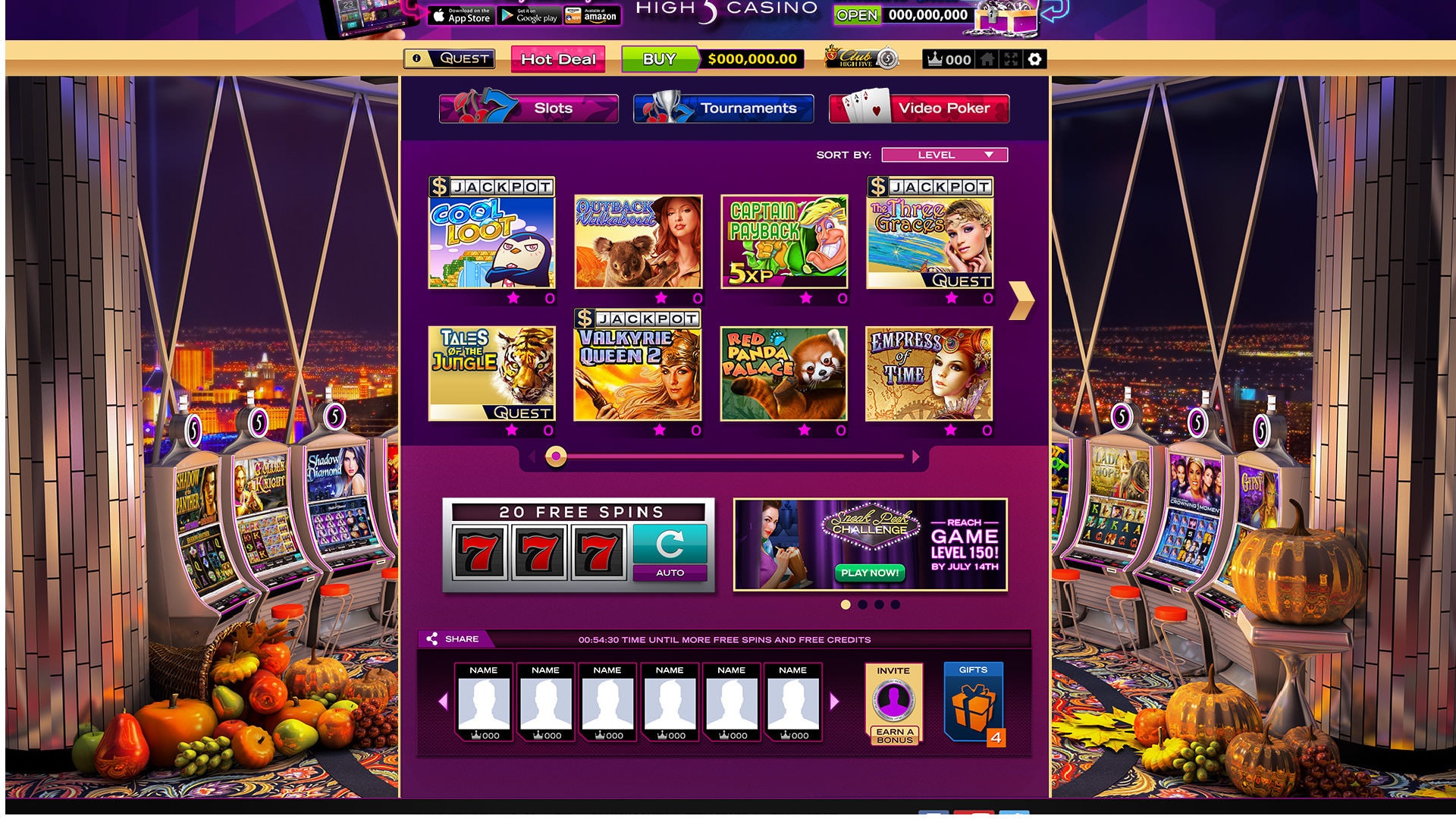 High 5 Casino app interface showing slot game selections and jackpot icons in purple theme.