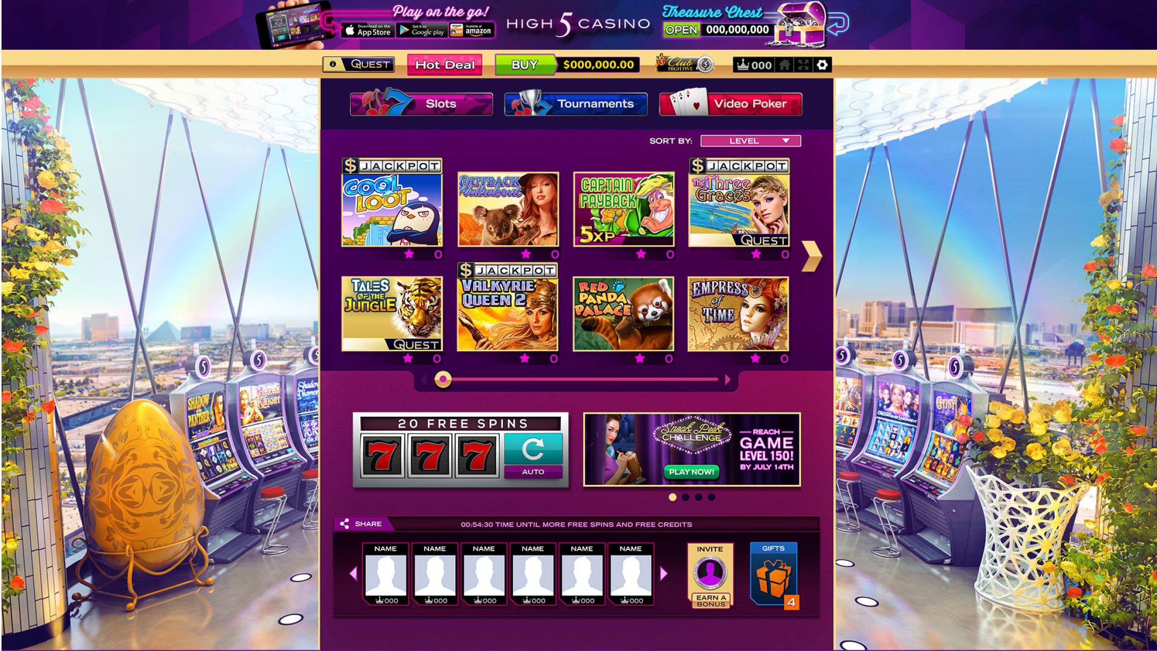 App interface for High 5 Casino, showing a colorful slot game selection screen.