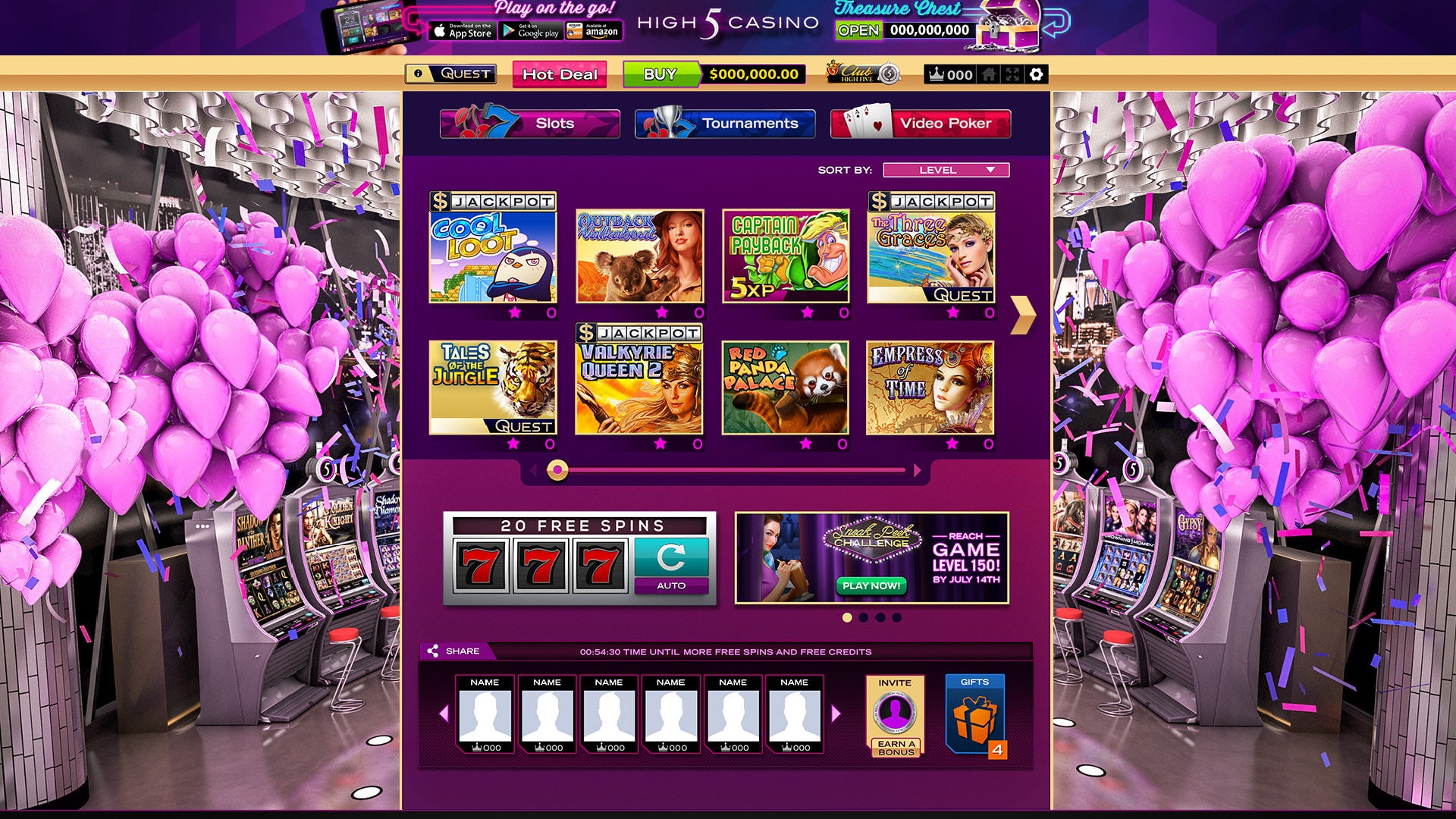 High 5 Casino app interface with slot game tiles, set in a purple, balloon-filled arcade scene.