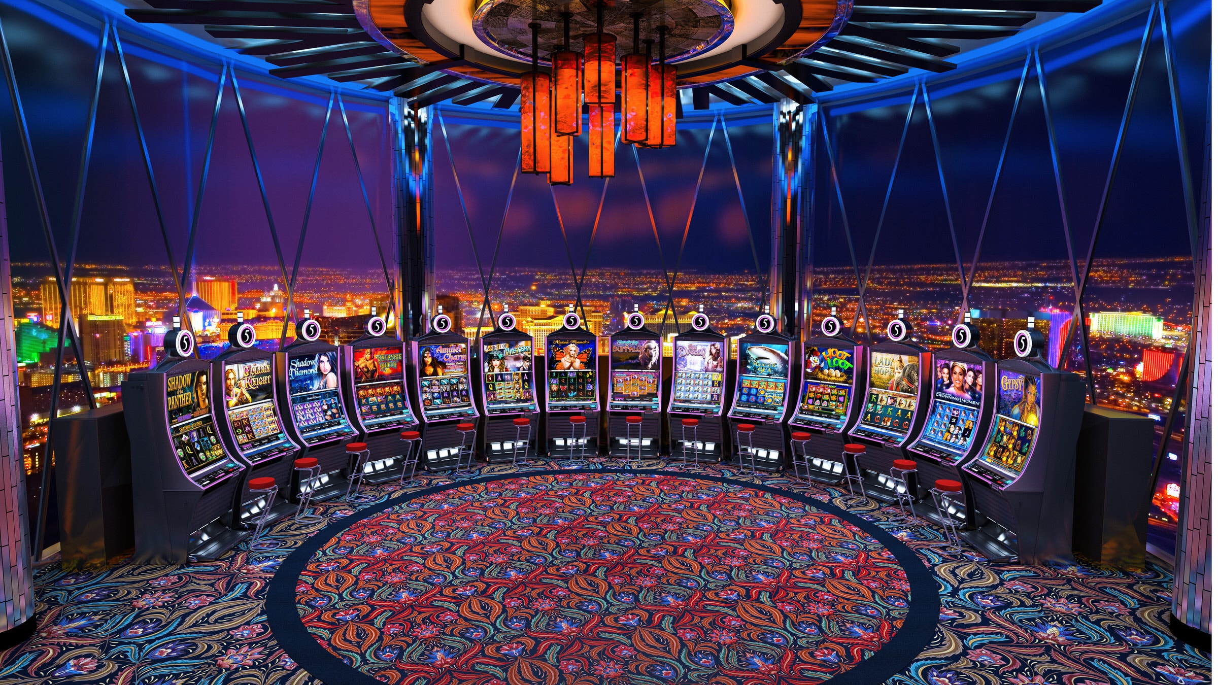 3D render of a curved slot machine lounge overlooking a glittering city skyline at night.