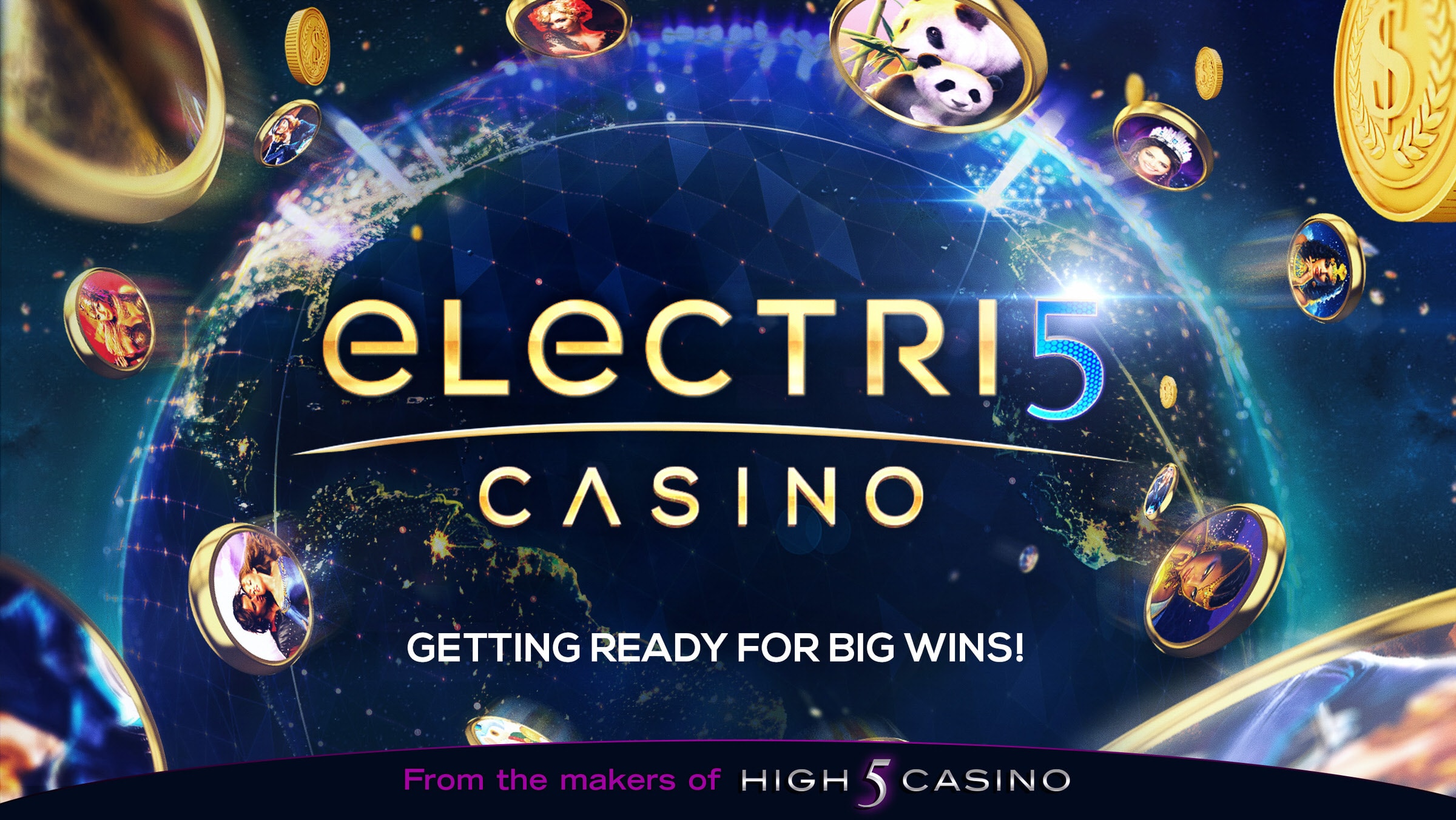 3D render of Electri5 Casino logo with gold coins orbiting a glowing digital globe.