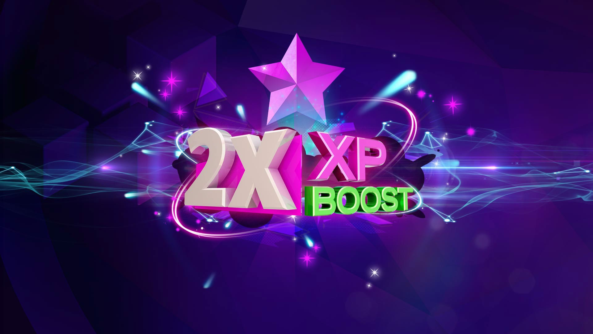 3D render of glowing 2X XP Boost text with a star, purple neon light streaks background.