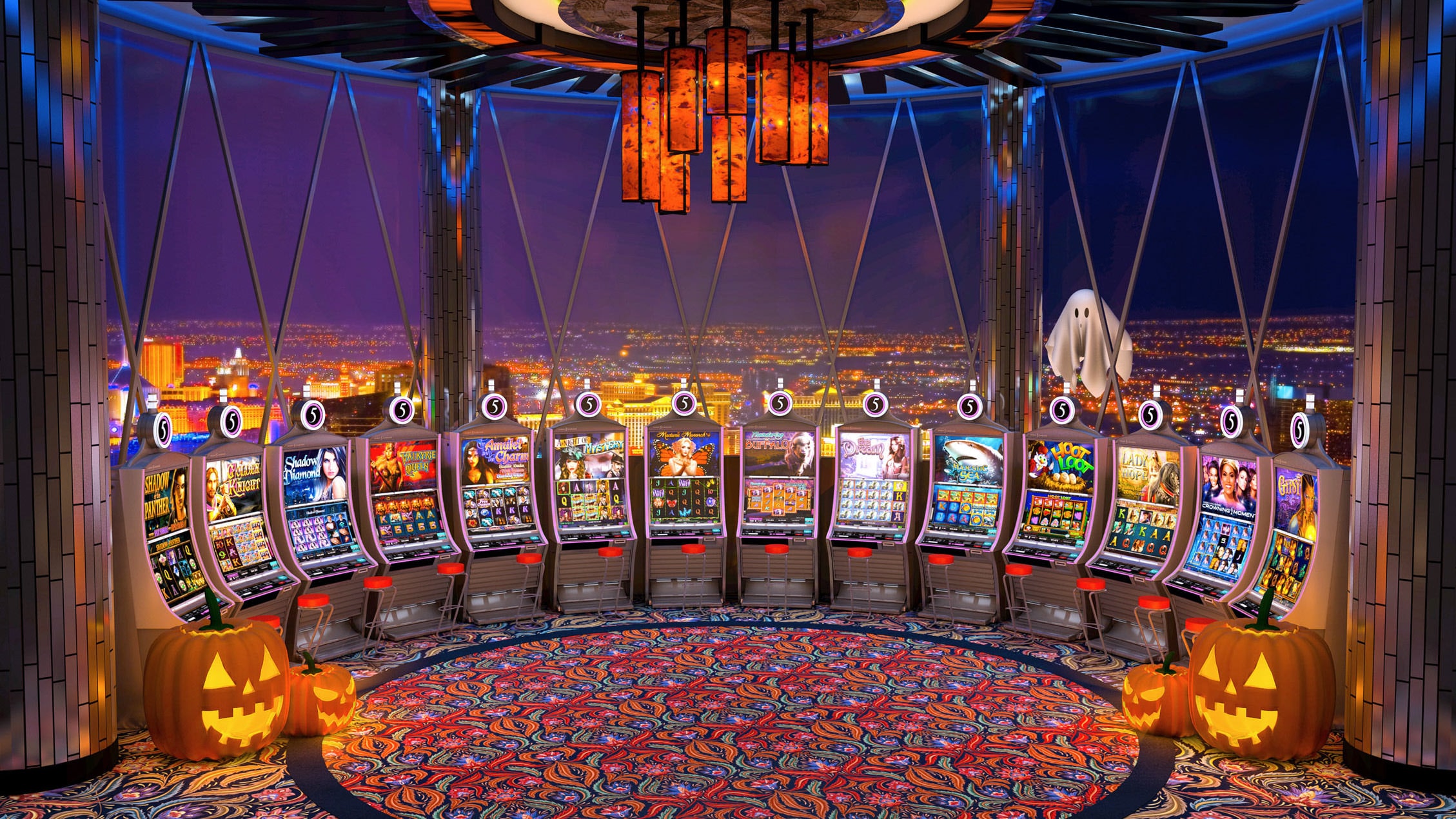 3D render of a curved casino slot machine row overlooking a city skyline, decorated with jack-o'-lanterns.