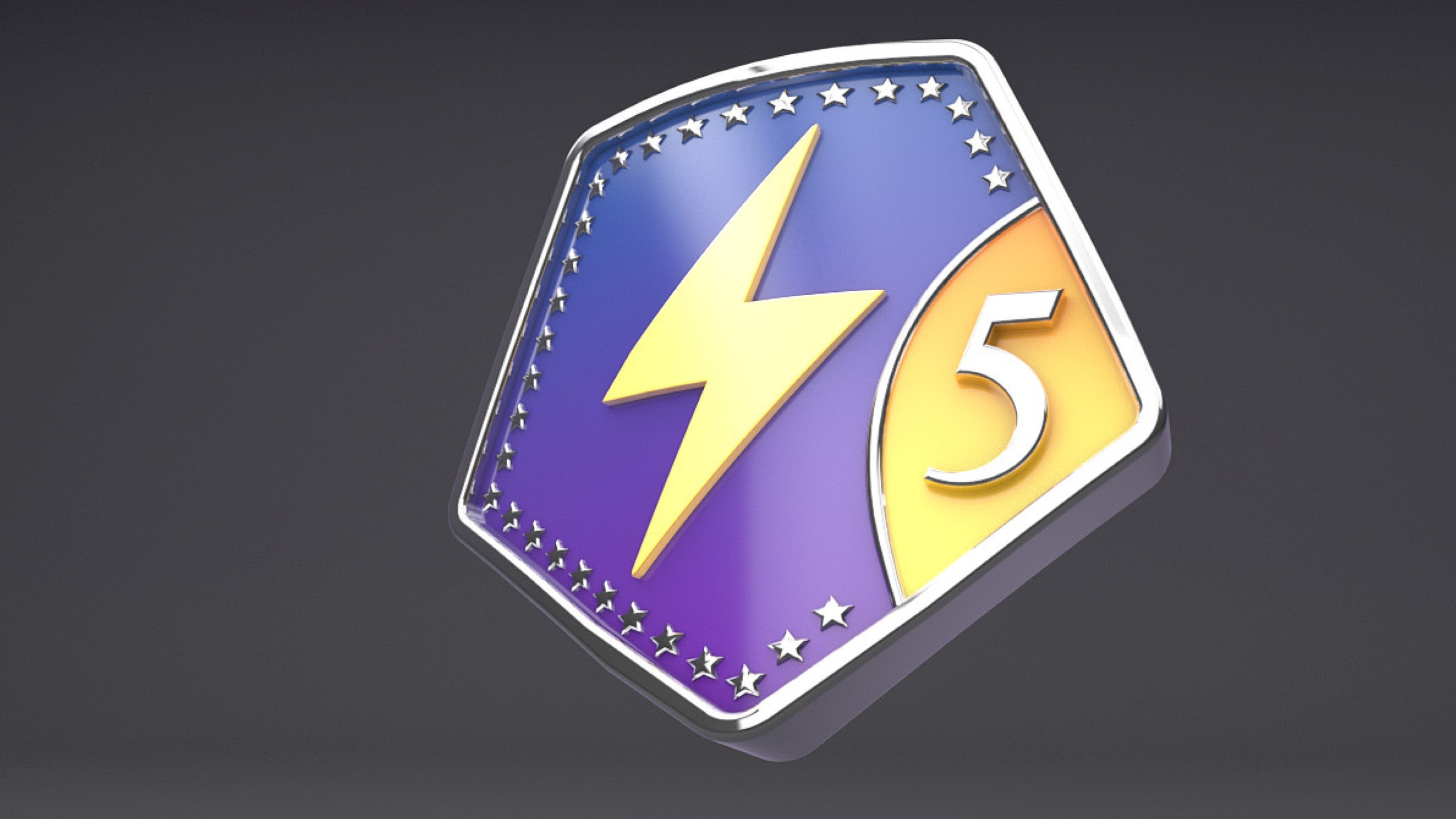 3D render of a purple and gold badge with a lightning bolt and number 5.
