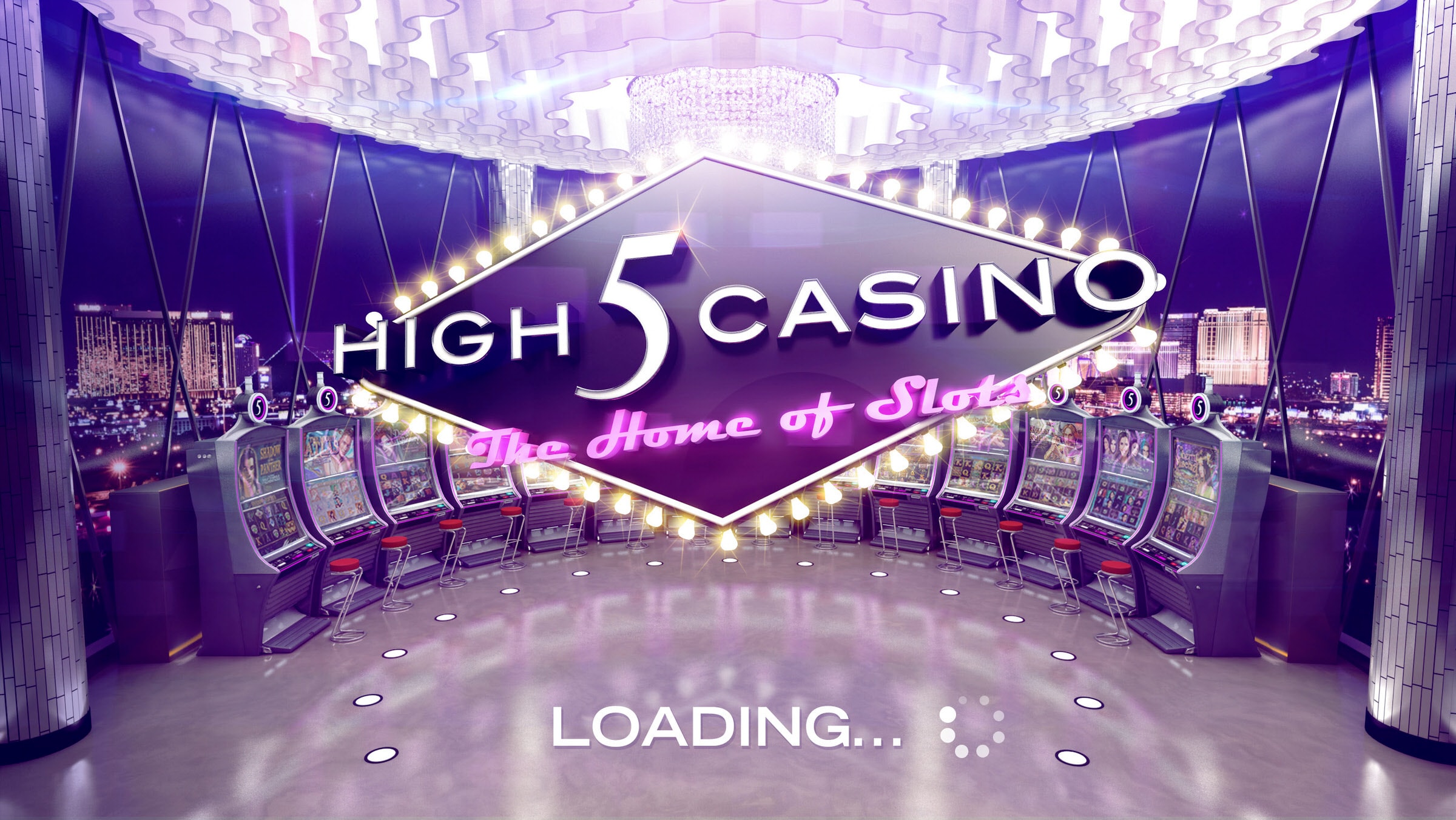 3D render of a High 5 Casino loading screen with a lit slot machine floor and city skyline.