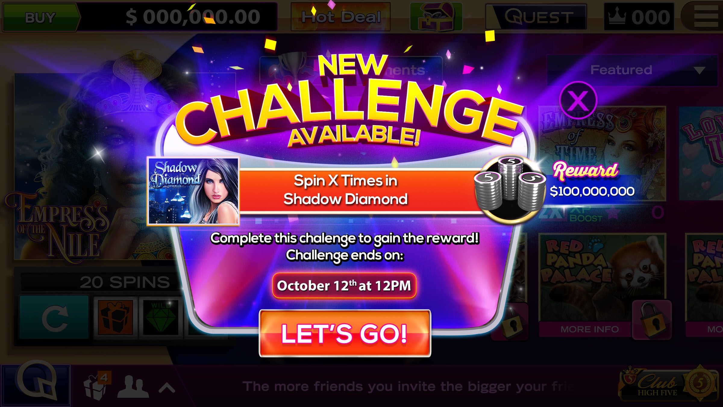 Mobile slot game screen showing a Shadow Diamond spin challenge with cash reward.