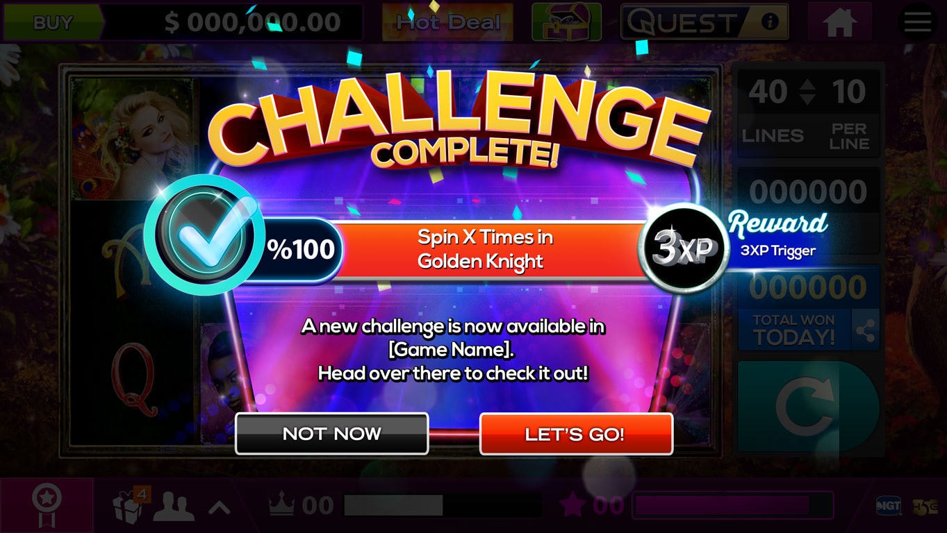 Slot game screen showing a Challenge Complete popup with a 3XP reward.