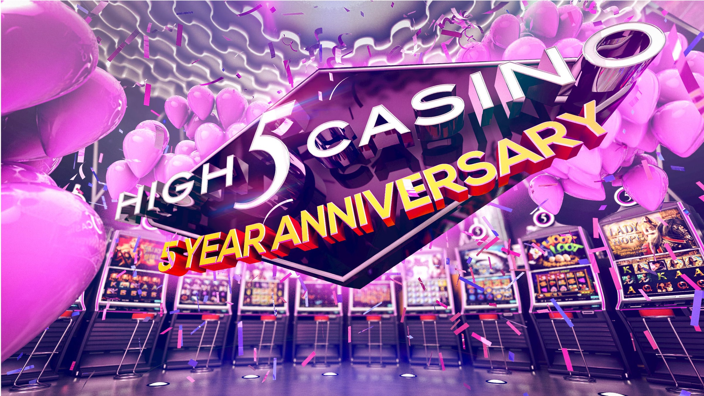 3D render of High 5 Casino 5 Year Anniversary logo amid slot machines, balloons and confetti.
