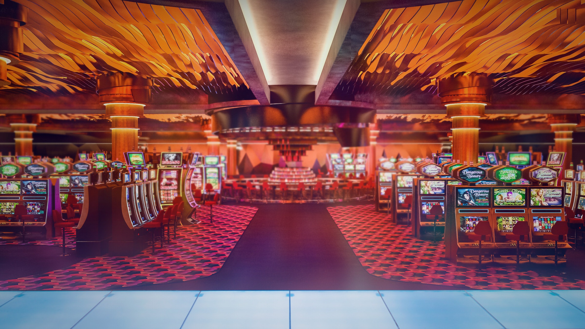 3D render of a casino floor with rows of slot machines under a fiery patterned ceiling.