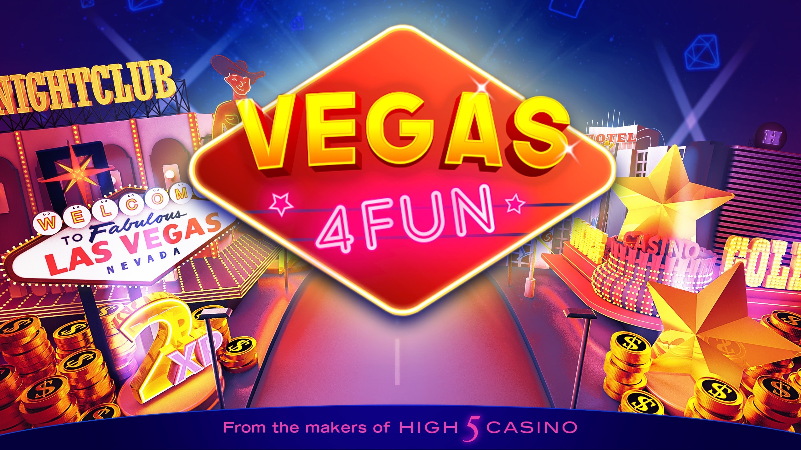 3D render of the Vegas 4Fun logo amid neon casino signs, coins, and stars.