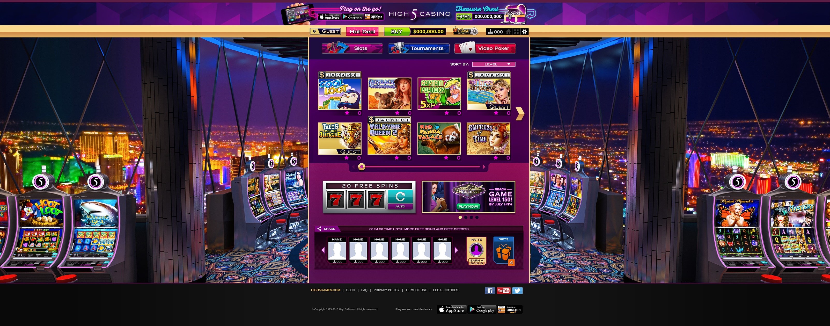 3D render of a High 5 Casino app interface with slot game icons over a Las Vegas skyline.