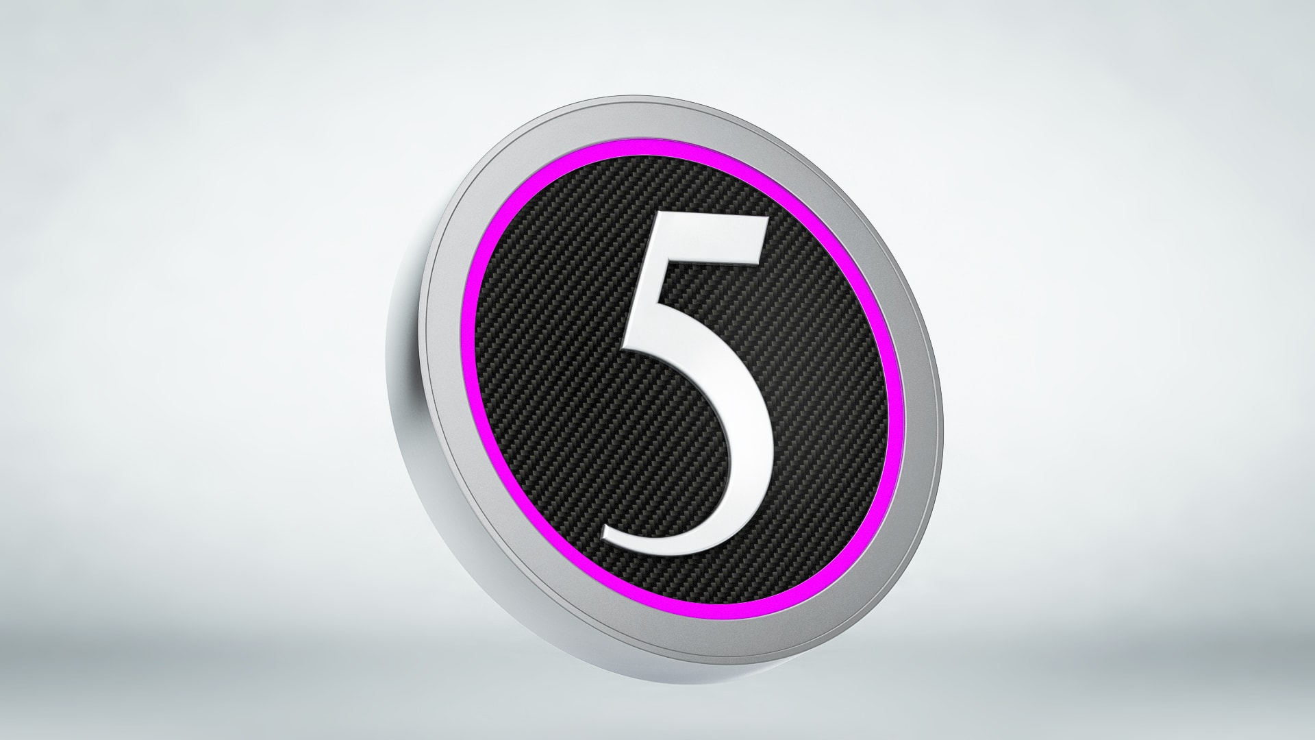 3D render of a metallic disc showing the number five on carbon fiber with a pink glow ring.