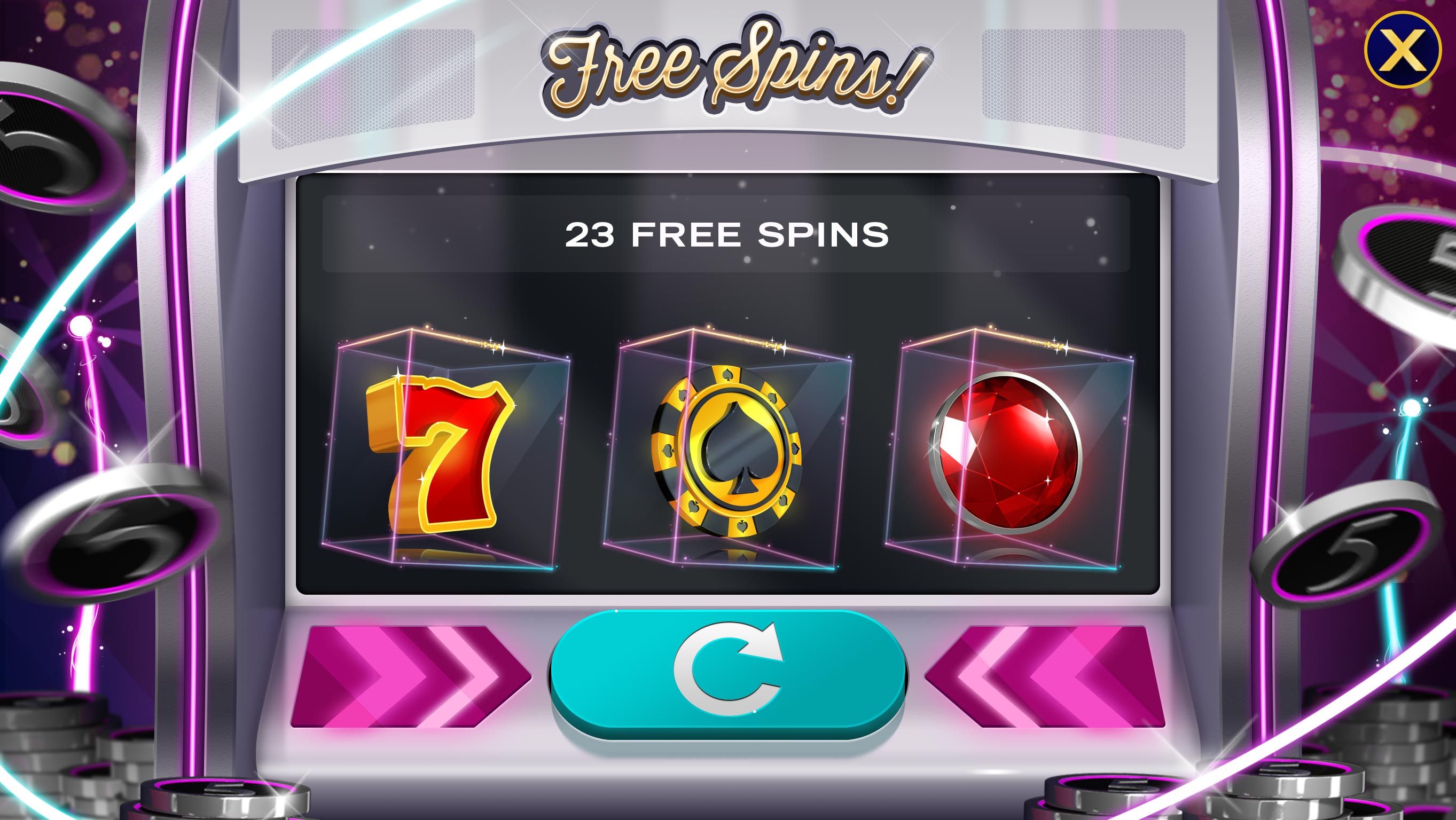 3D render of a slot machine free spins screen with a seven, chip, and ruby icons.