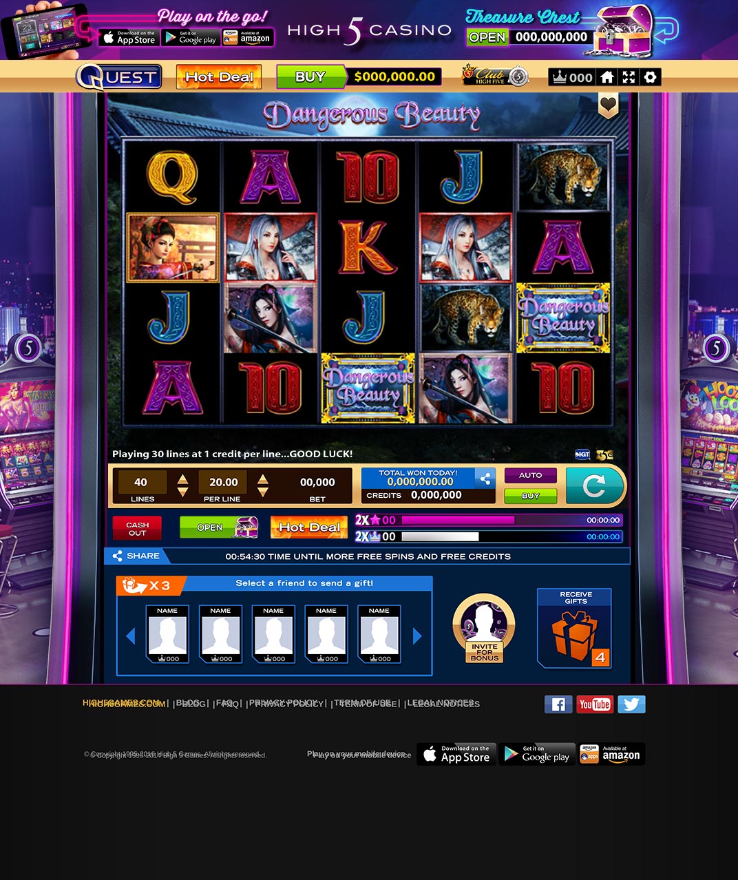 Screenshot of the Dangerous Beauty slot machine interface on High 5 Casino.