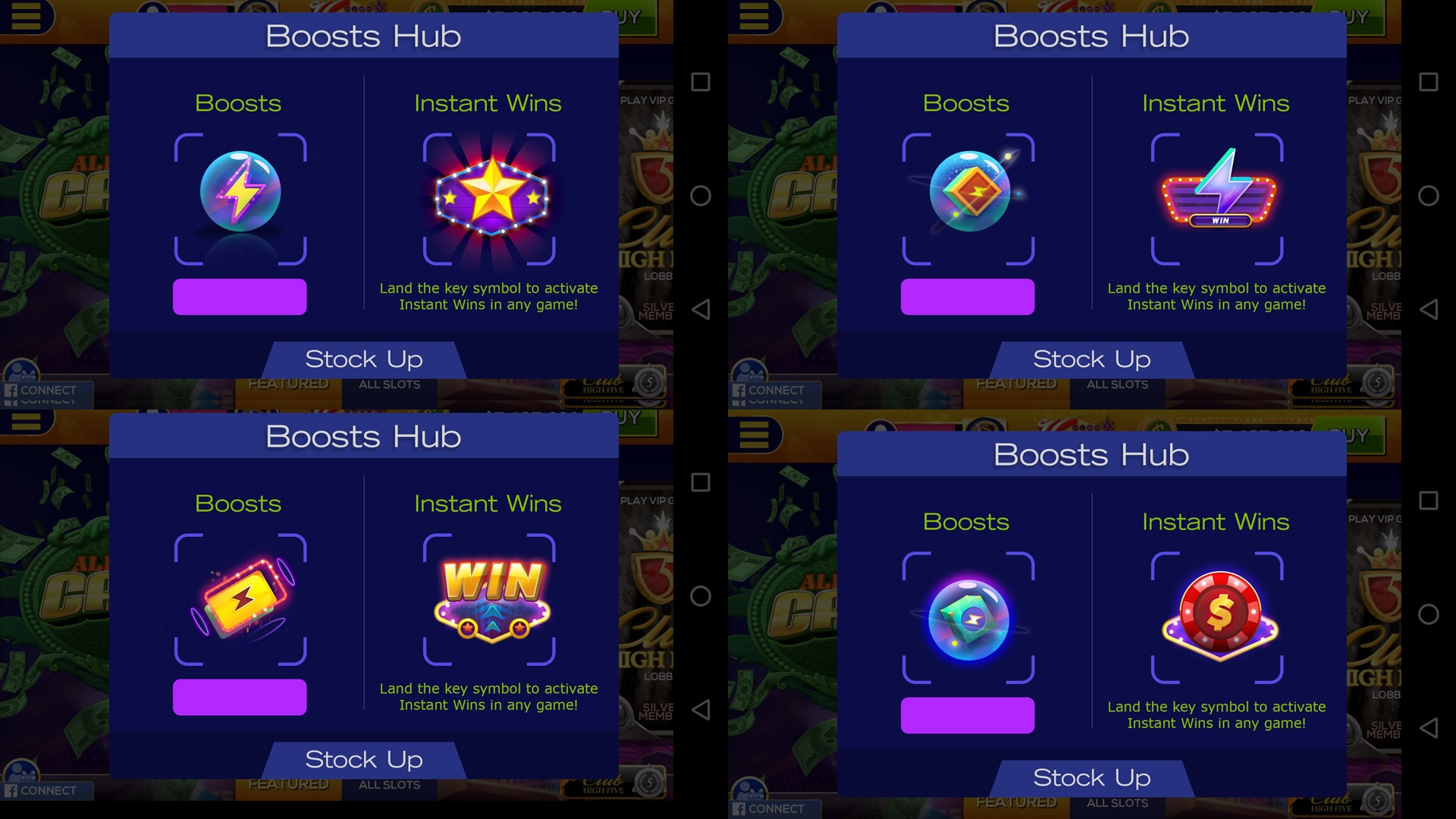 3D render of casino app icon designs for a Boosts Hub and Instant Wins feature screens.