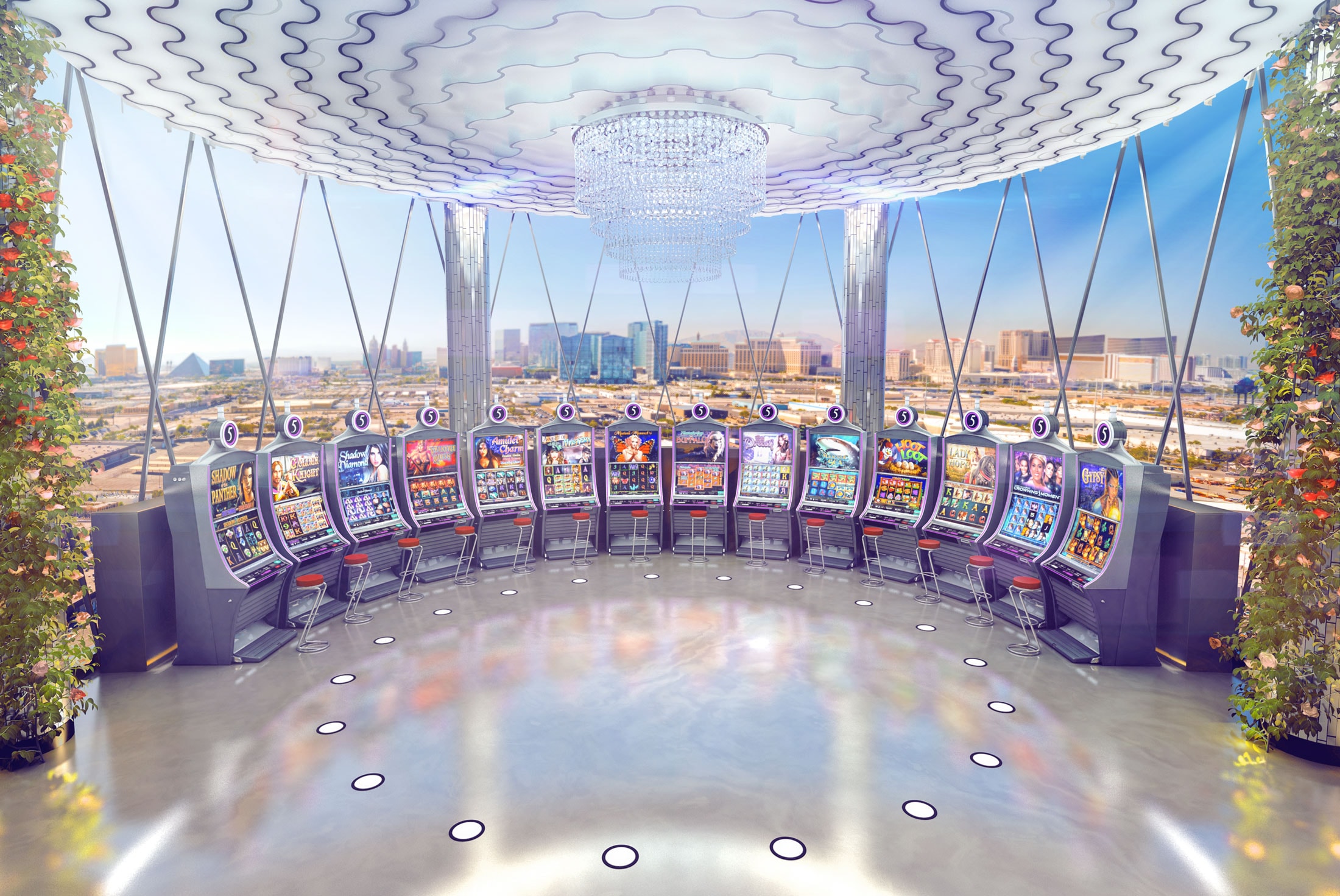 3D render of a curved slot machine row overlooking a city skyline under a crystal chandelier.