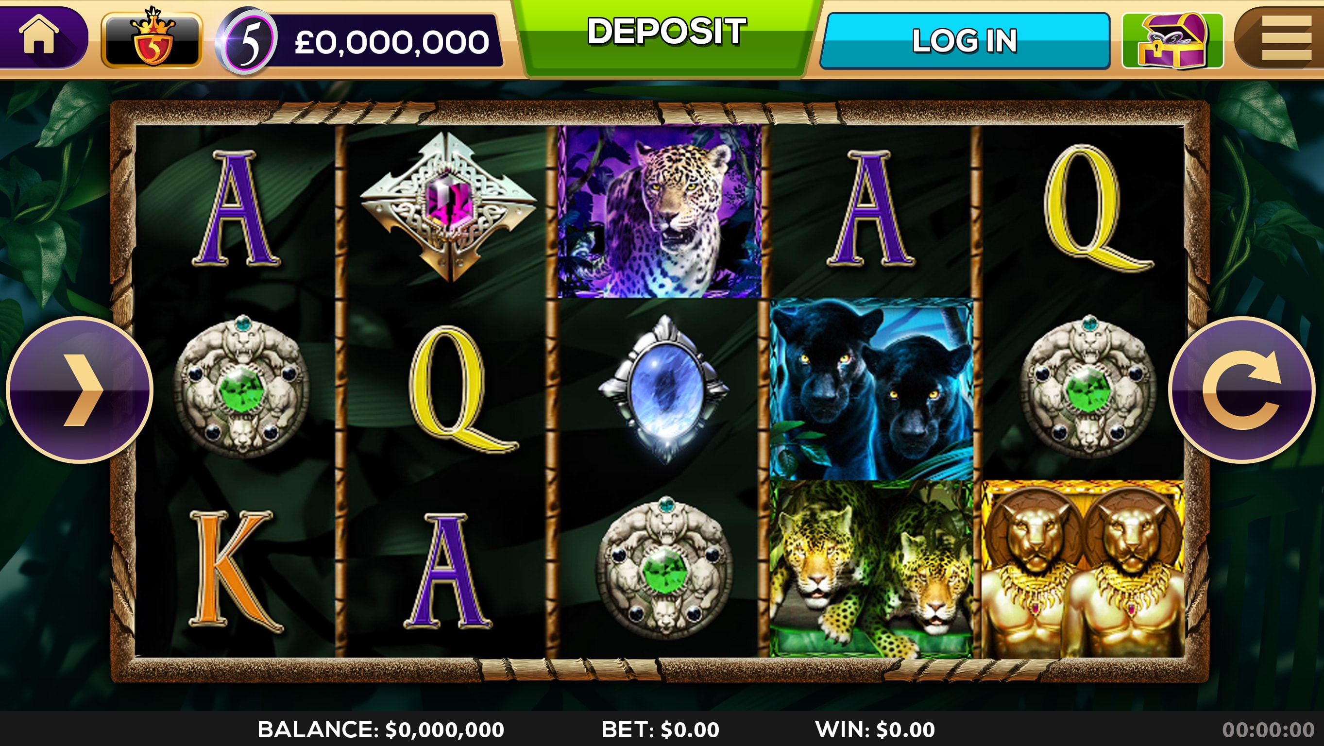 Jungle-themed slot game screen with jaguar, panther, and gold lion symbols on reels.