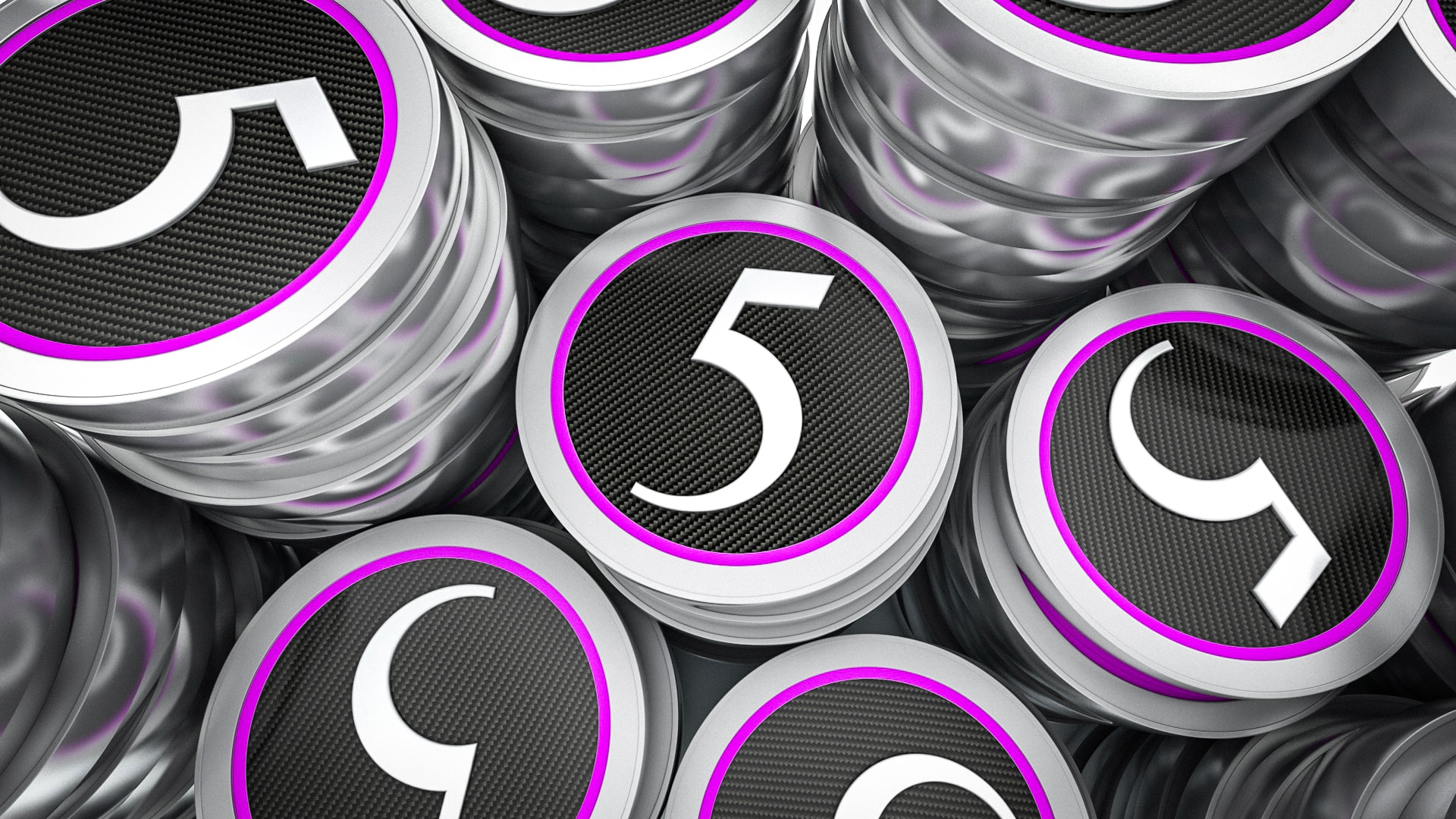 3D render of stacked metallic coins with purple rims and a number five design.