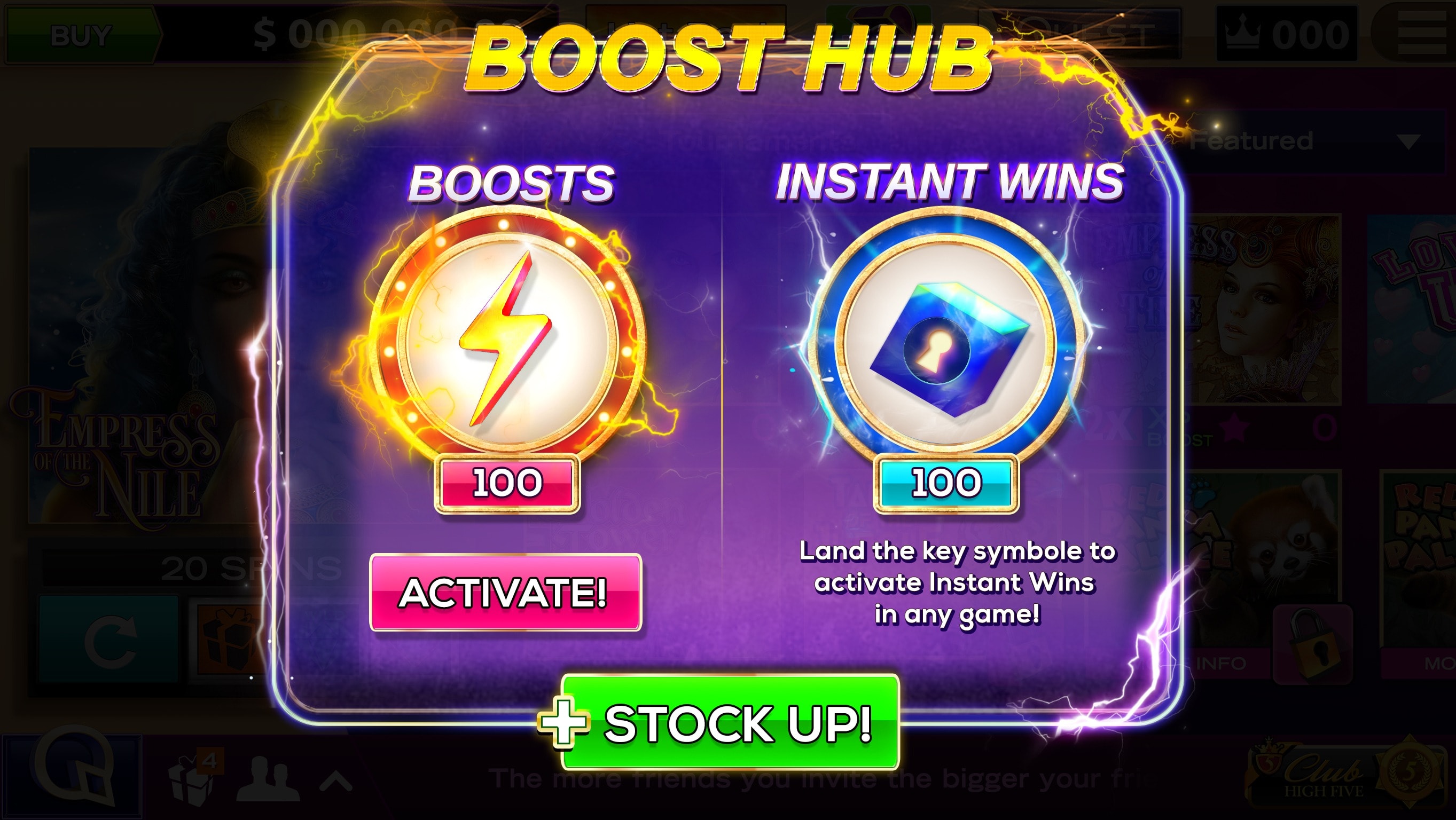 Slot game UI screen offering Boosts and Instant Wins in a glowing purple Boost Hub.