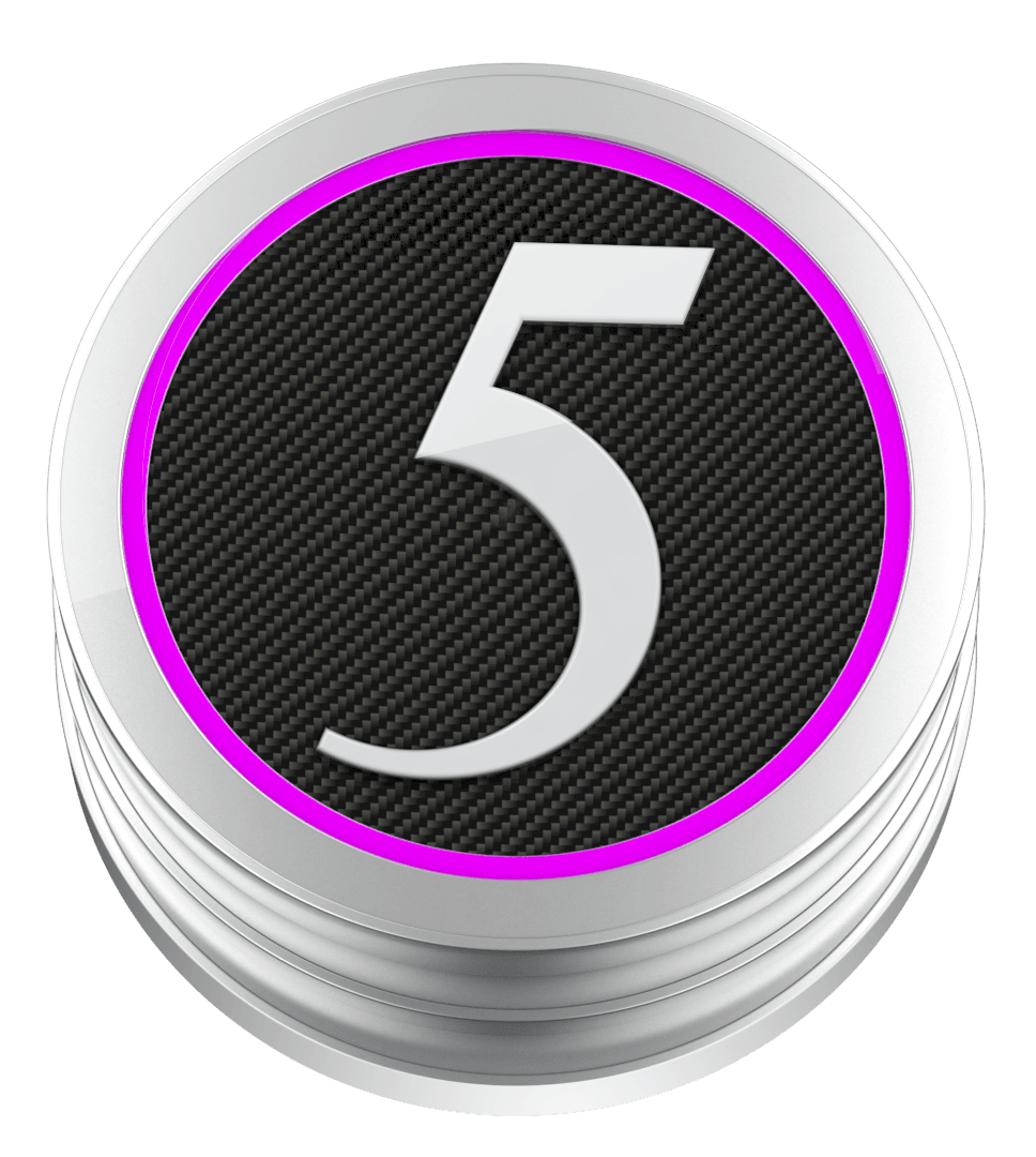 3D render of a chrome coin with carbon fiber texture, pink ring, and number five.