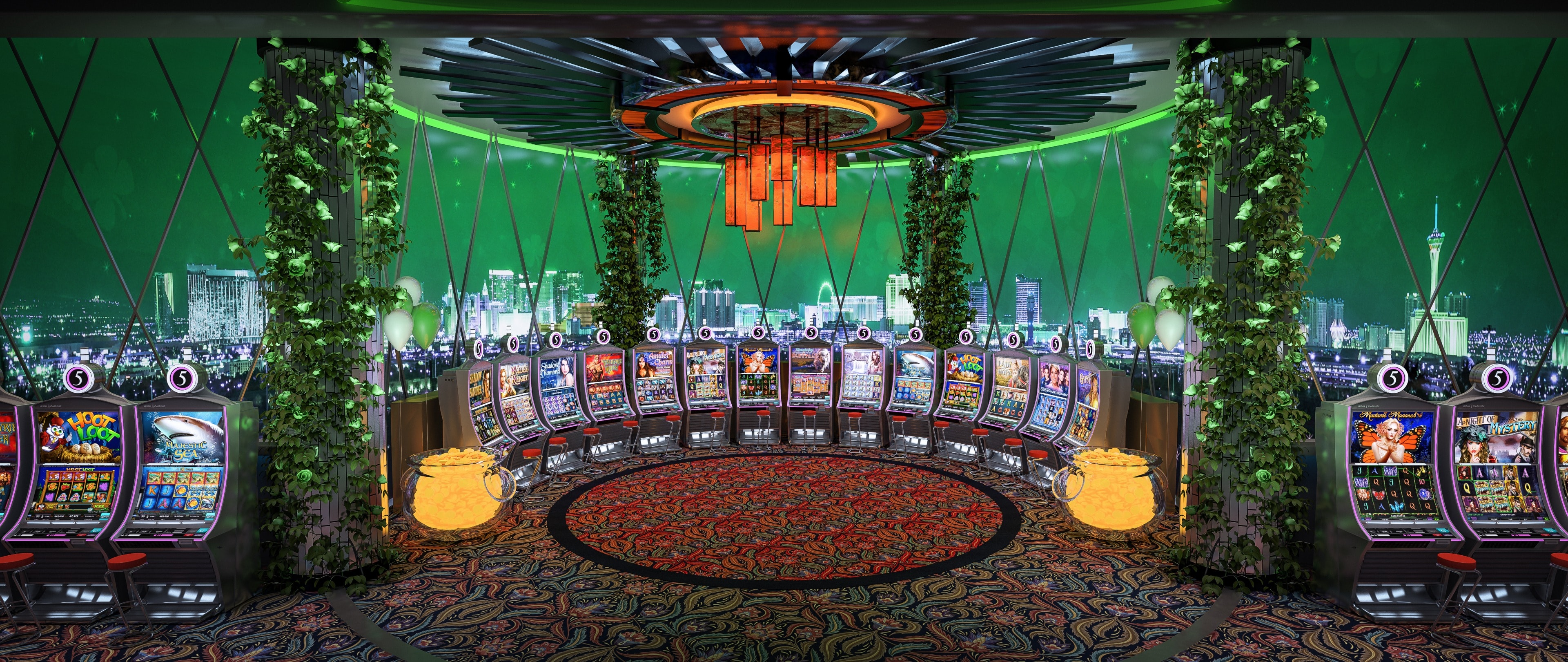 3D render of a curved slot machine lounge with vines, ivy pillars and a city skyline backdrop.
