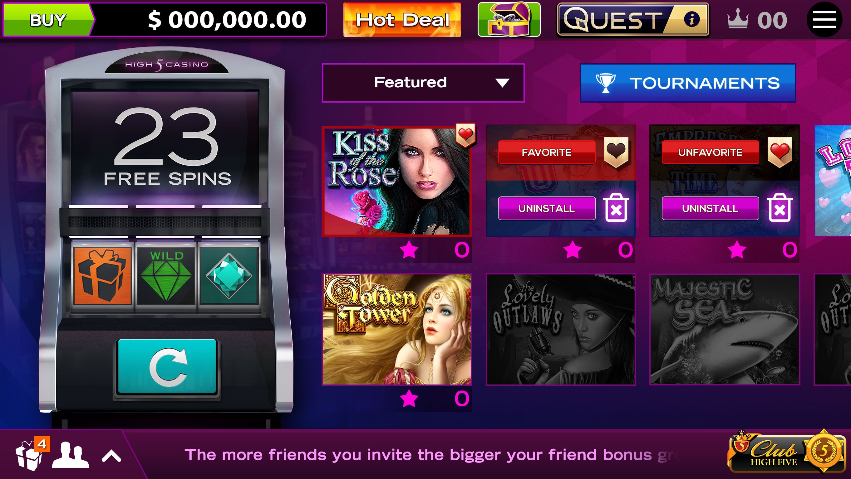 High 5 Casino app screen showing a slot machine, free spins counter, and game selection menu.