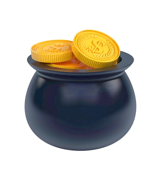 3D render of a black pot overflowing with gold dollar-sign coins on white.
