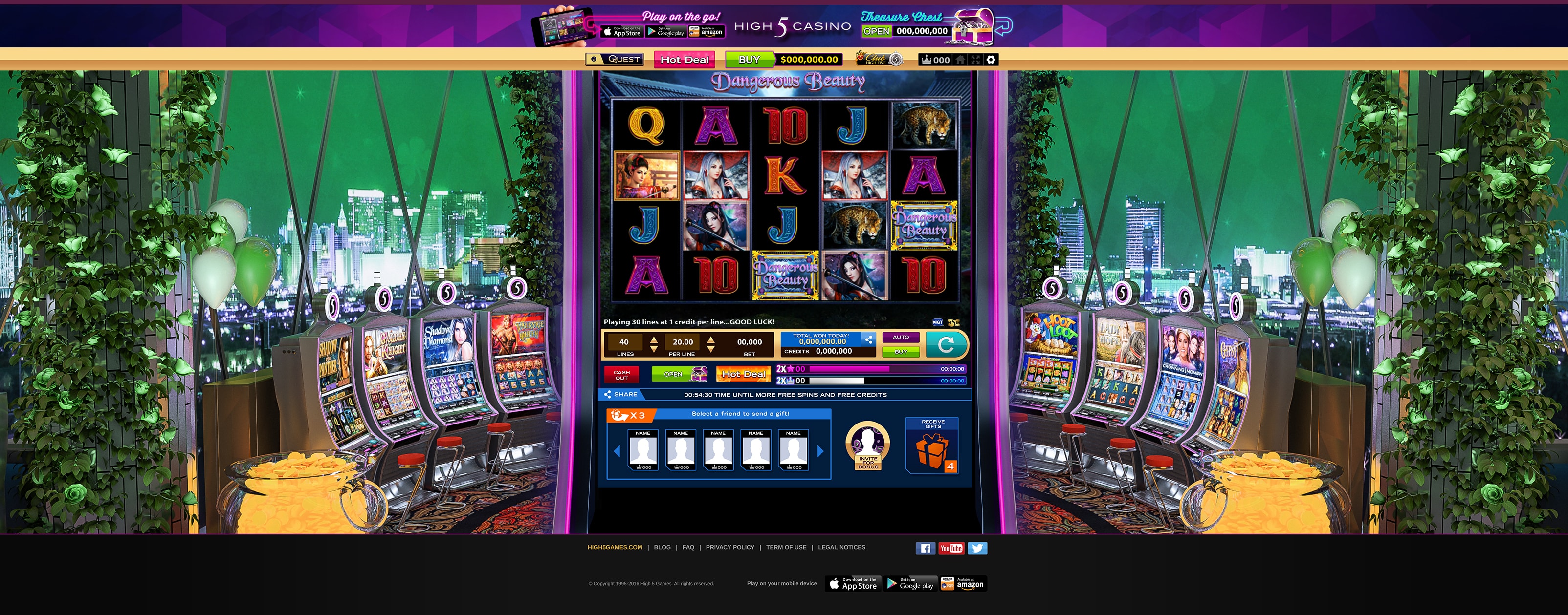 3D render of the High 5 Casino app interface featuring the Dangerous Beauty slot game.