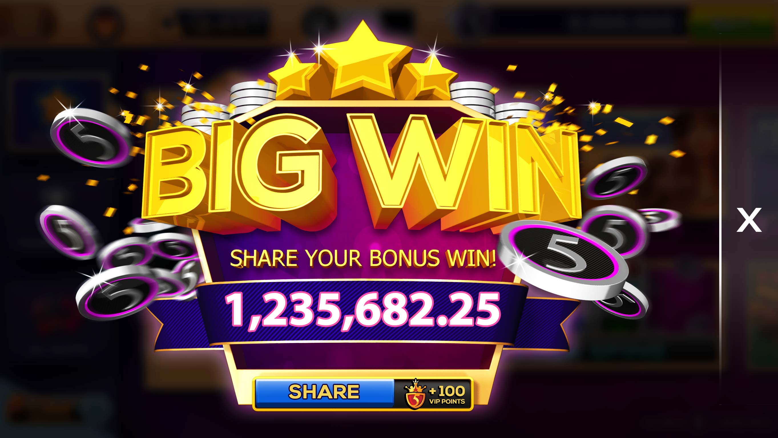 3D render of a slot game big win screen showing a bonus payout of 1,235,682.25.