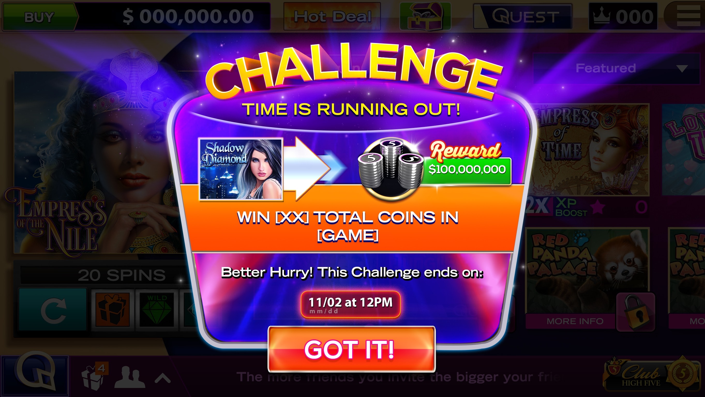 Slot game challenge popup showing coin reward goal and countdown timer.