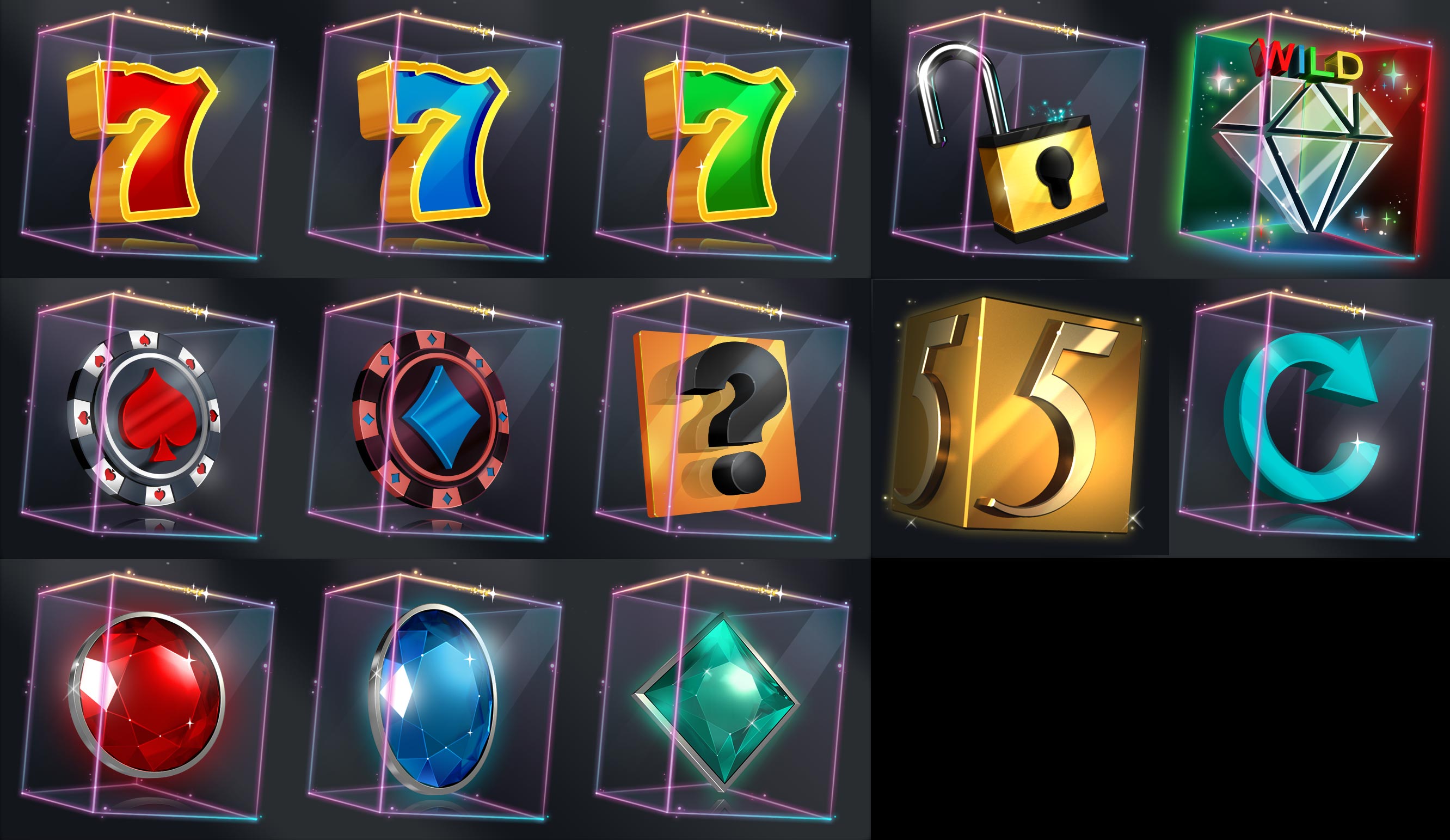 3D render of slot game icons in glass cubes, including sevens, gems, and card suits.