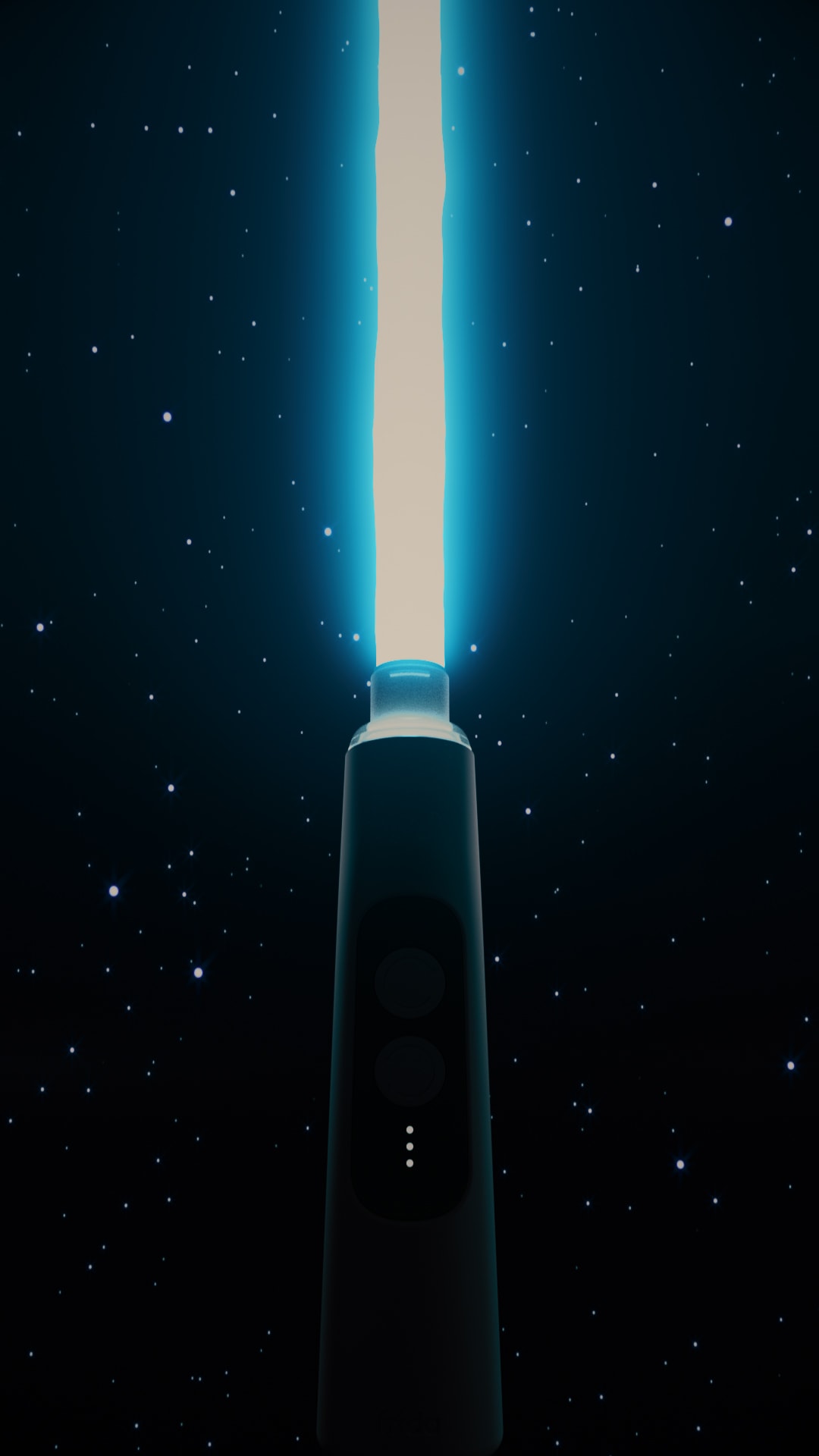 3D render of a glowing blue lightsaber styled like a Frida Baby device against starry space.