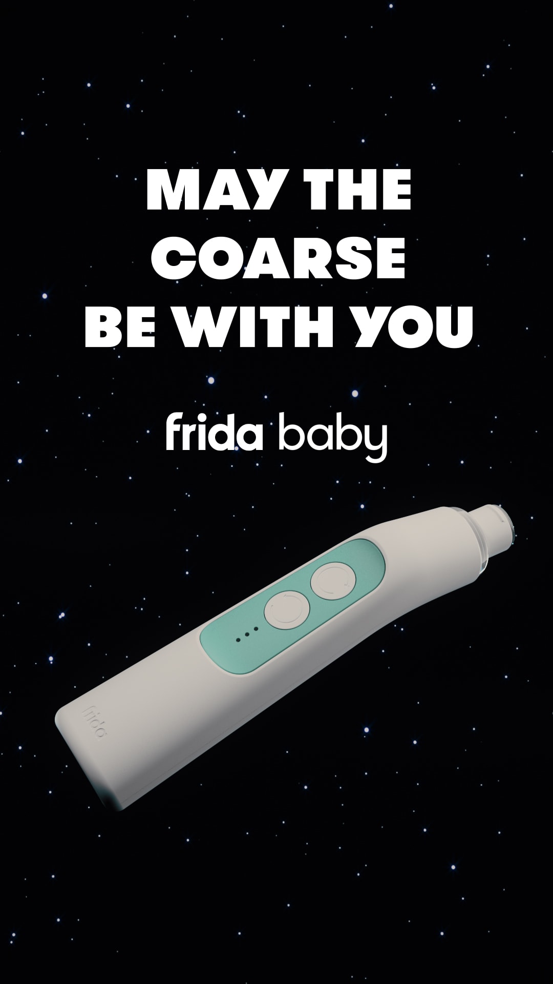 3D render of a Frida Baby nail trimmer floating against a starry space background, ad copy above.
