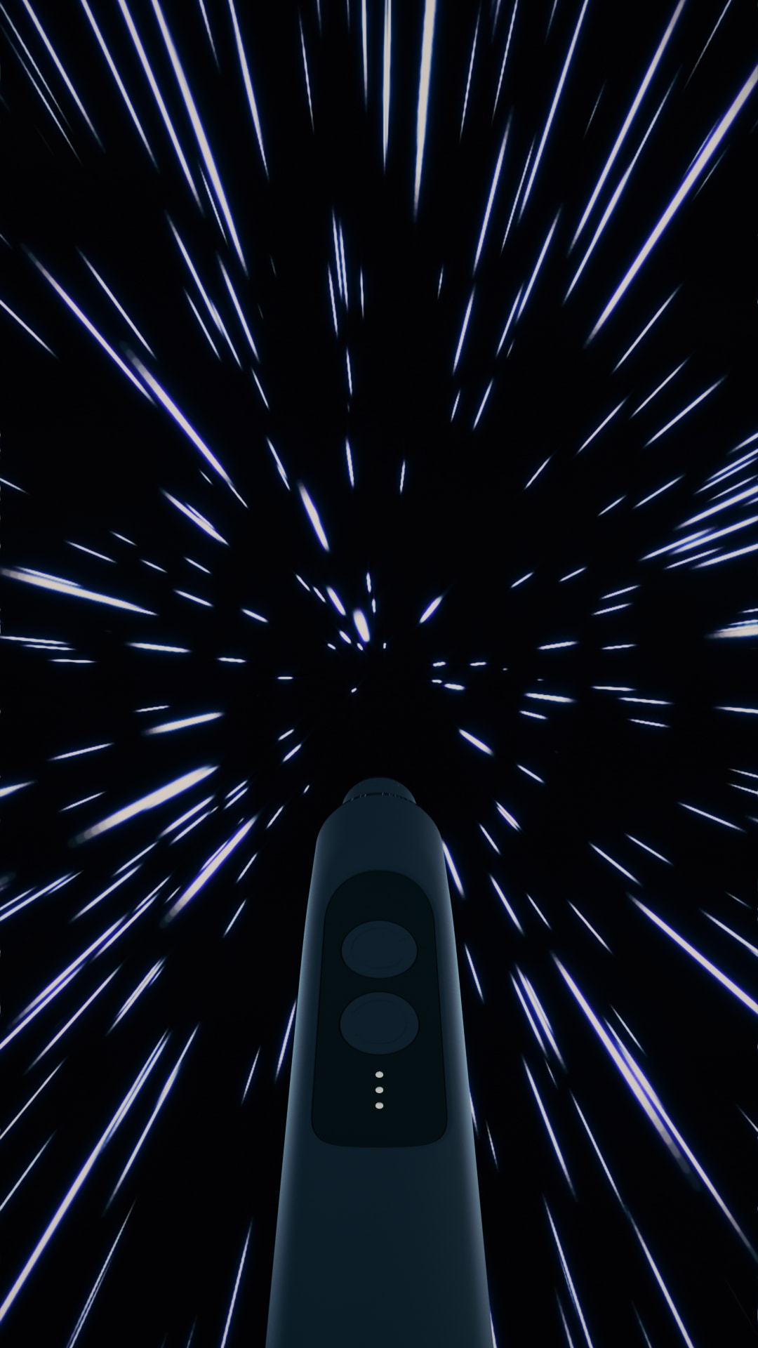 3D render of a handheld device against a starburst warp-speed light effect.