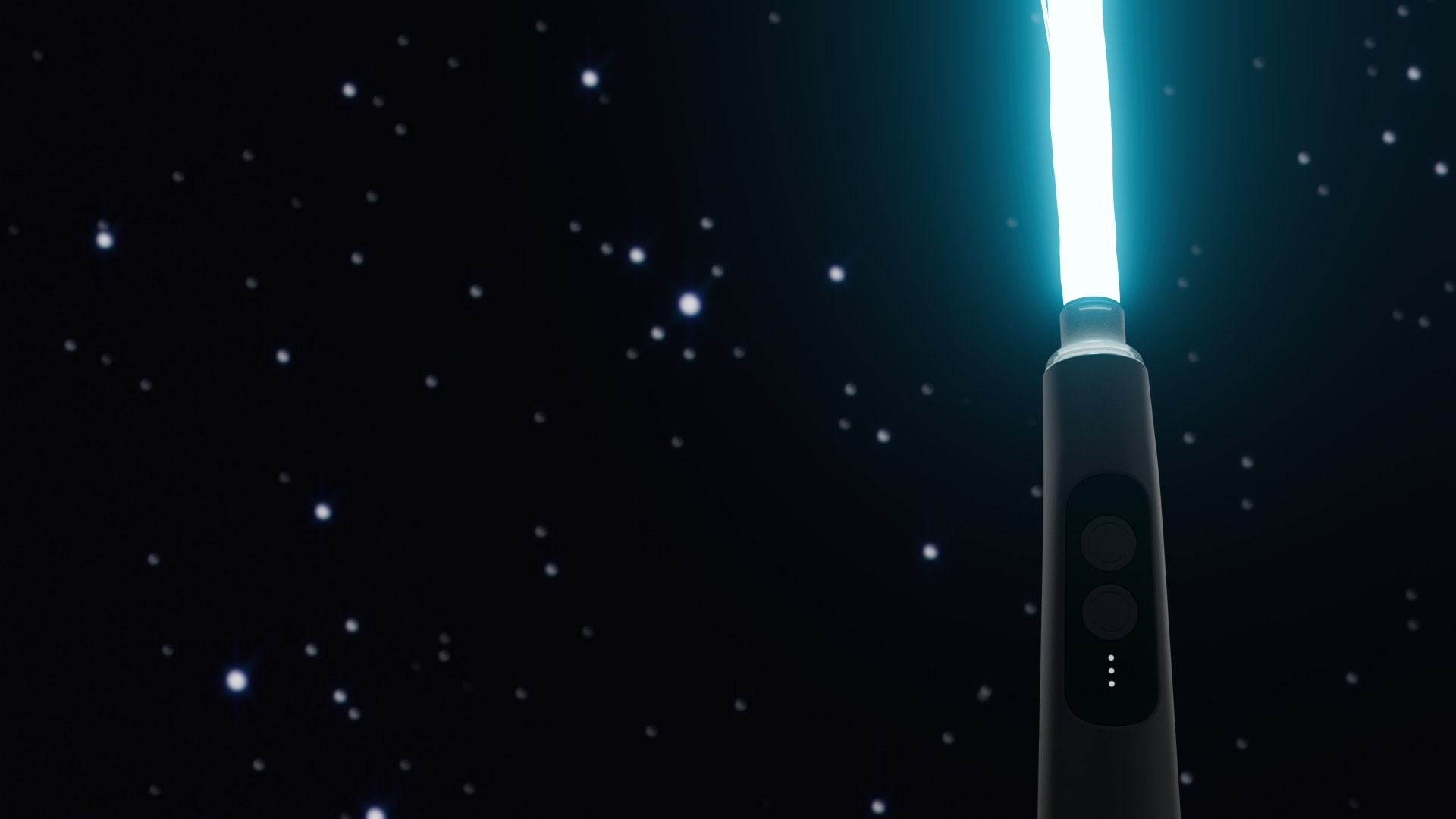 3D render of a glowing lightsaber-style device against a starry night backdrop.