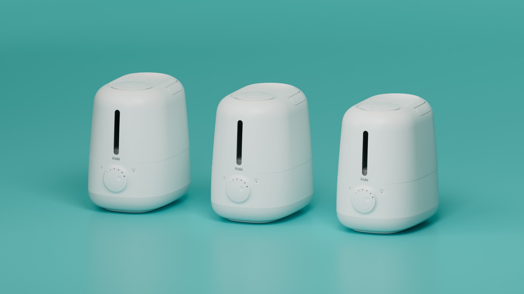 3D render of three white Frida humidifiers arranged in a row on a teal background.