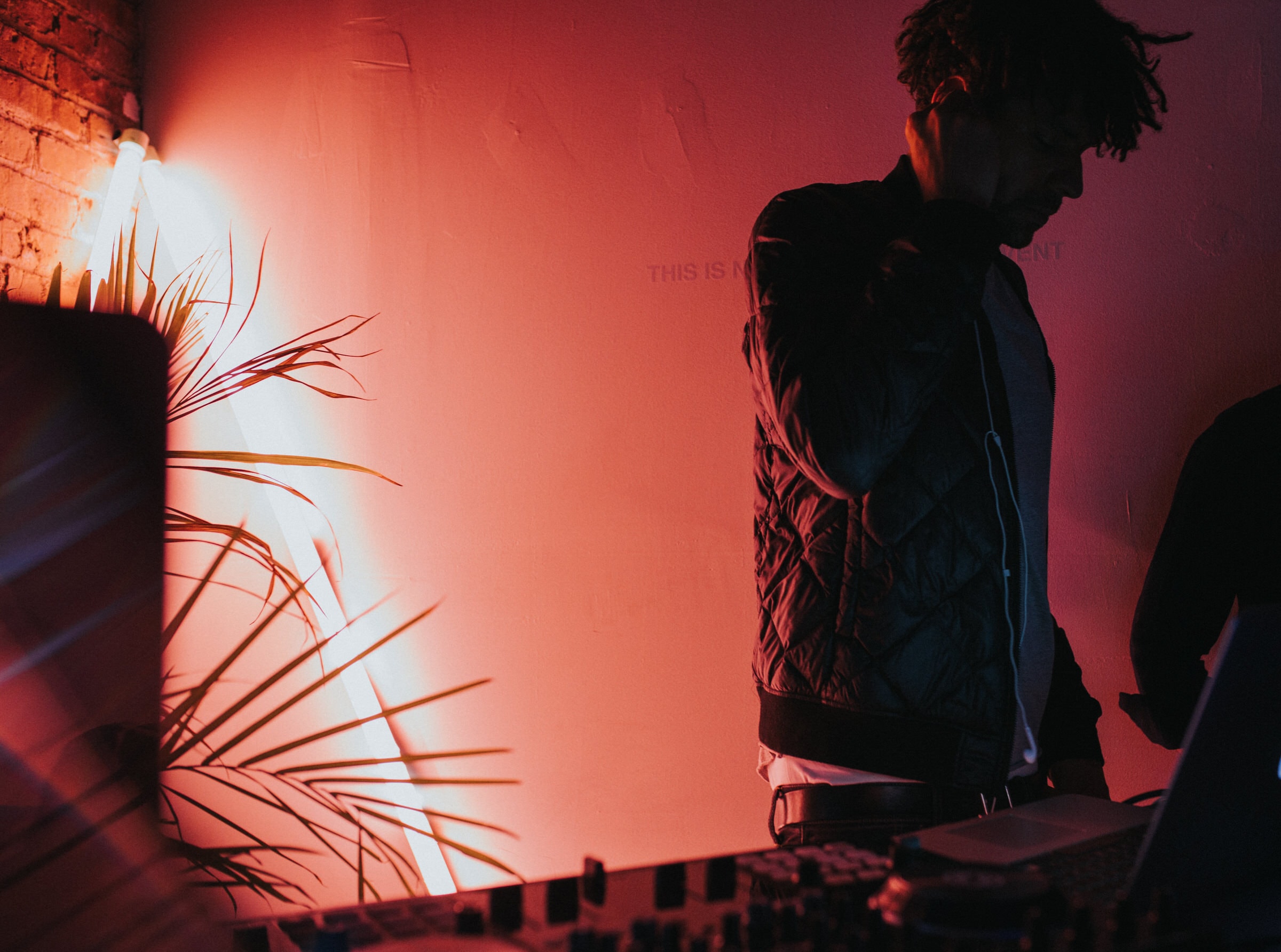 DJ silhouetted at a mixer under red light with a palm plant shadow.
